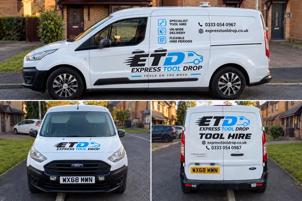 Express Tool Drop van with its new graphics, seen from the side, front and rear